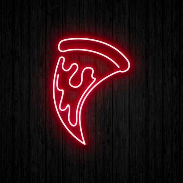 A Canvas Freaks neon sign with a pizza slice in neon.