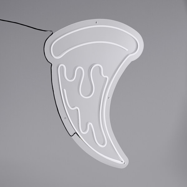 A Canvas Freaks neon sign with a white pizza slice and white lines.