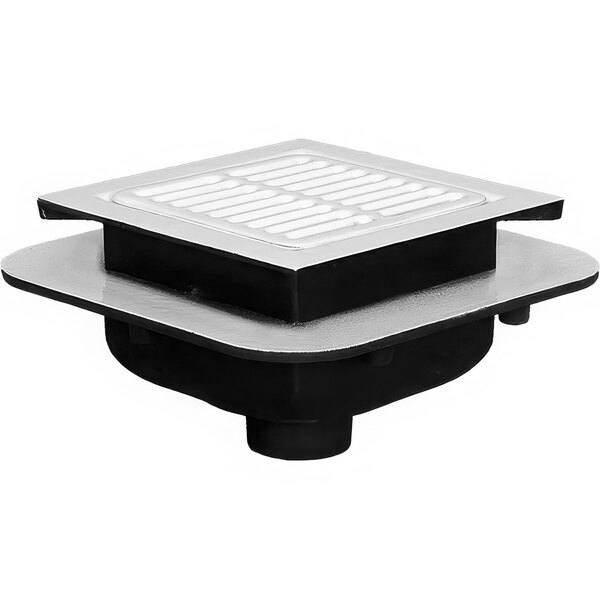 A black and white square Josam cast iron floor sink with a square grate.