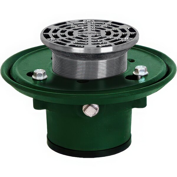 A green and silver round metal drain cover with a black strainer with the Josam logo.