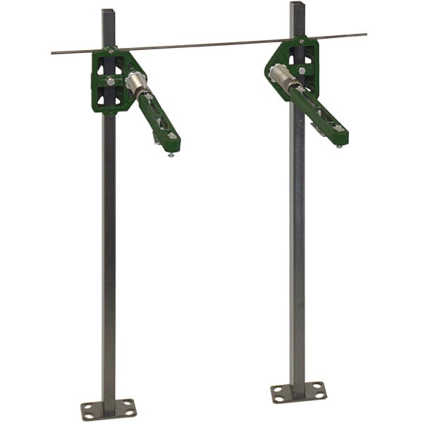 A pair of green metal brackets with green handles.