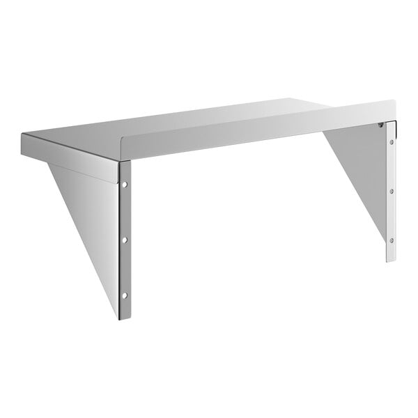 A stainless steel heavy duty solid wall shelf with triangular support brackets.