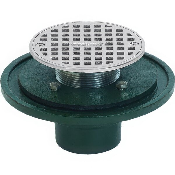 A green metal Josam floor drain with a chrome-plated brass strainer.