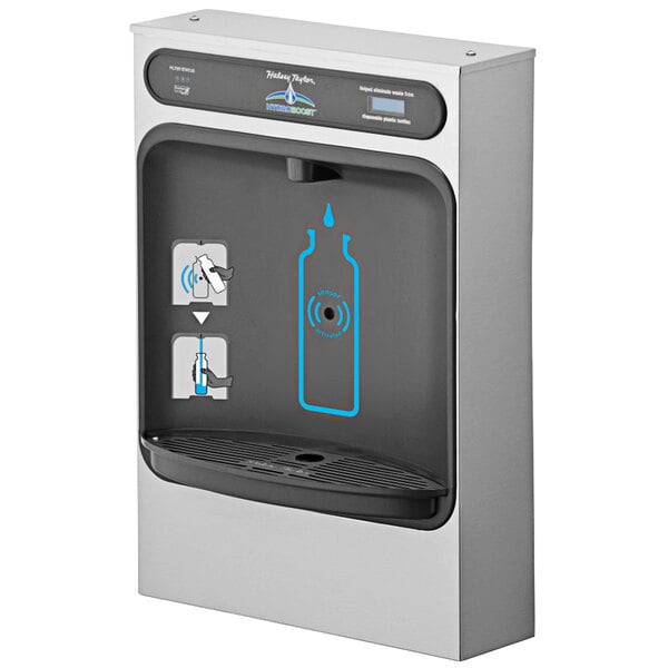 A Halsey Taylor stainless steel water fountain with a blue button above a bottle filler.