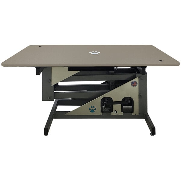 A grey rectangular table with a white paw print on it.