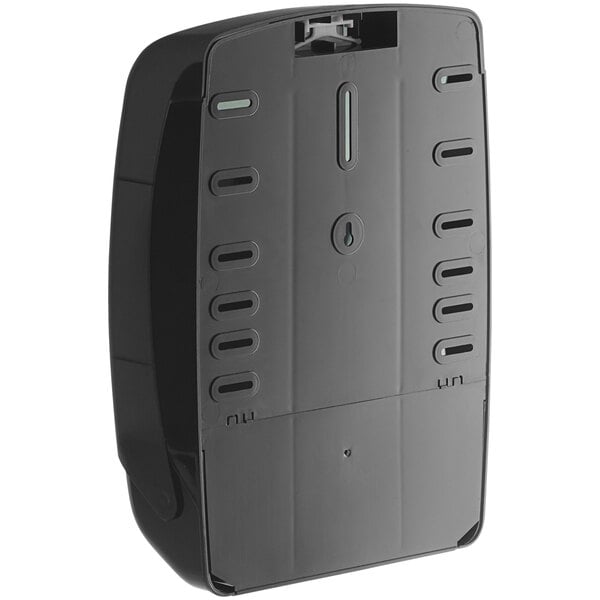 A black rectangular Lavex translucent plastic paper towel dispenser with a keyhole.