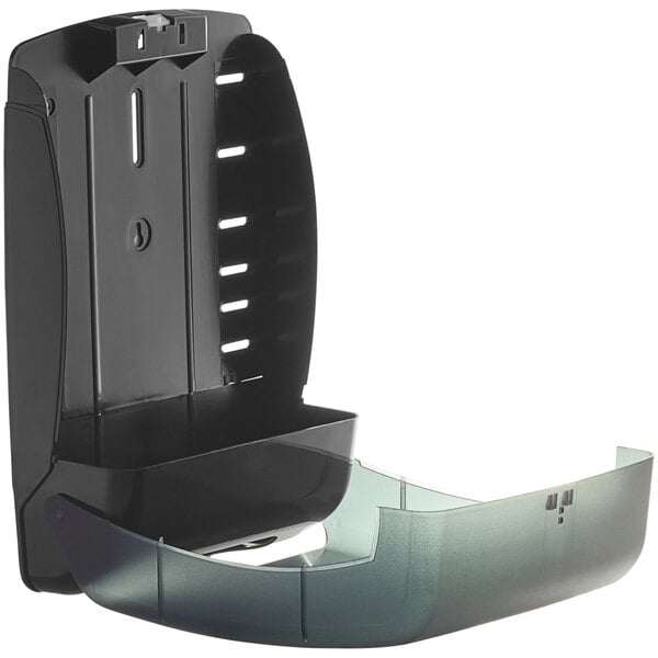 A black plastic Lavex Multifold paper towel dispenser with a clear plastic cover.