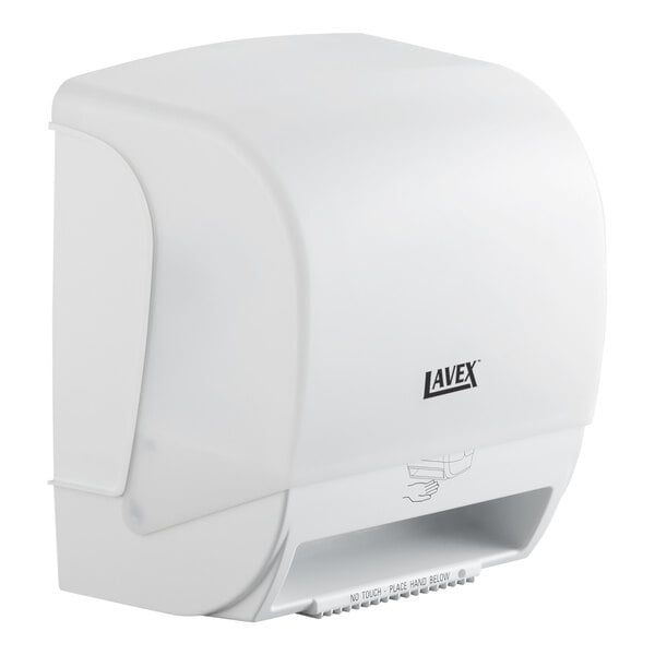 A white automatic paper towel dispenser with a motion sensor.