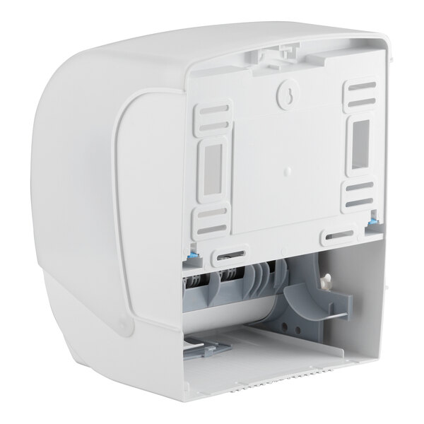 A translucent white automatic paper towel dispenser with a motion sensor.