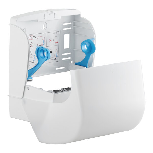 A white automatic paper towel dispenser with a motion sensor and blue internal components.