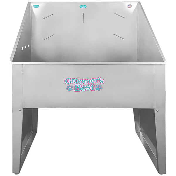 A Groomer's Best stainless steel bathing tub with a logo on it.