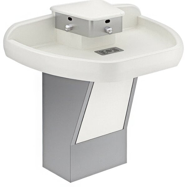 A white and grey rectangular SloanStone wall mounted hand sink with a square top.