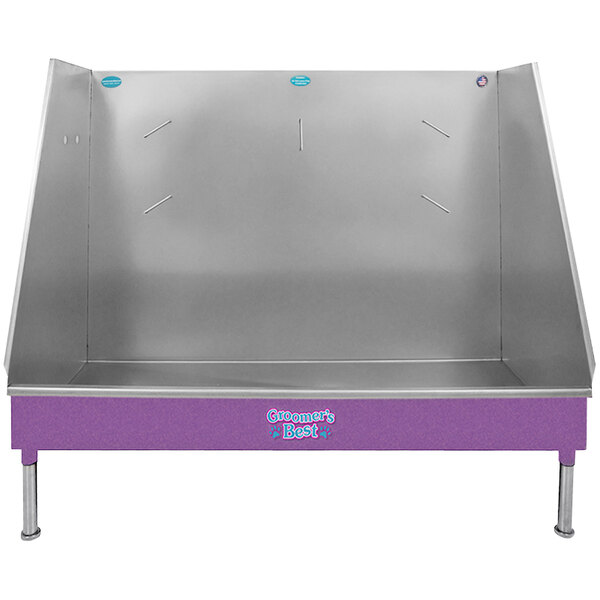 A purple metal walk-in tub for pets.