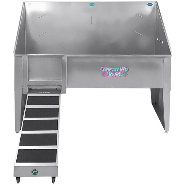 A silver metal Groomer's Best walk-through bathing tub.