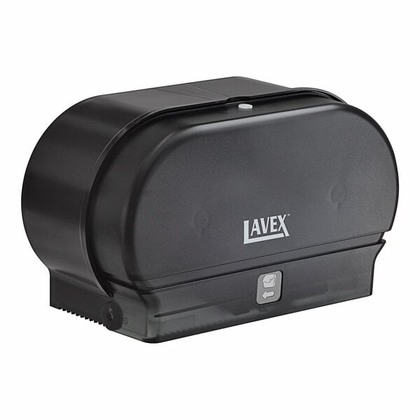 A black Lavex double roll horizontal toilet tissue dispenser.