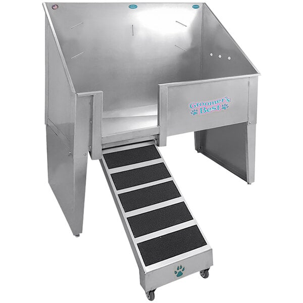 A Groomer's Best stainless steel walk-through dog grooming tub with steps.