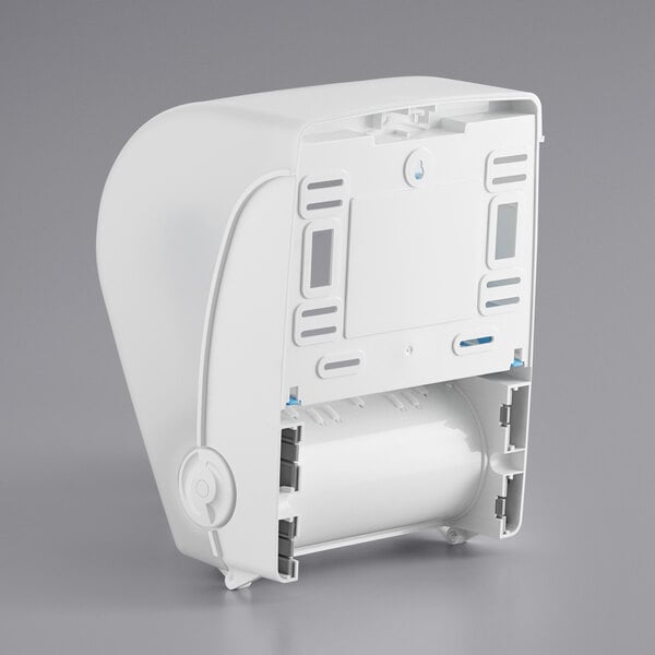 A white plastic Lavex paper towel dispenser with a plastic lid.