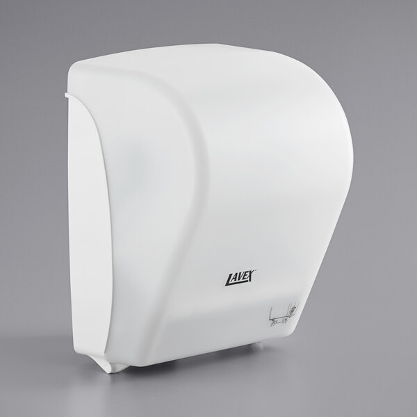 A Lavex translucent white paper towel dispenser.