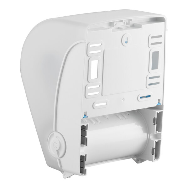 A white auto-cut hands free paper towel dispenser with a translucent cover.