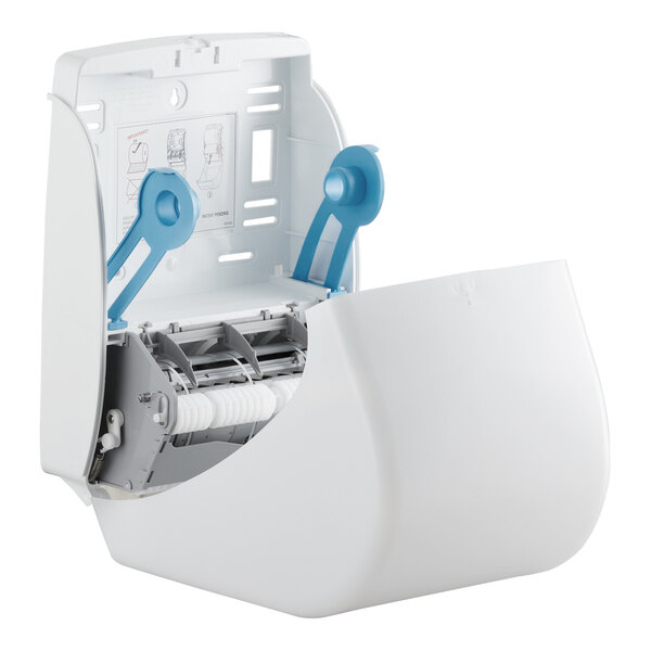 A white auto-cut hands free paper towel dispenser with a translucent cover and blue internal components.