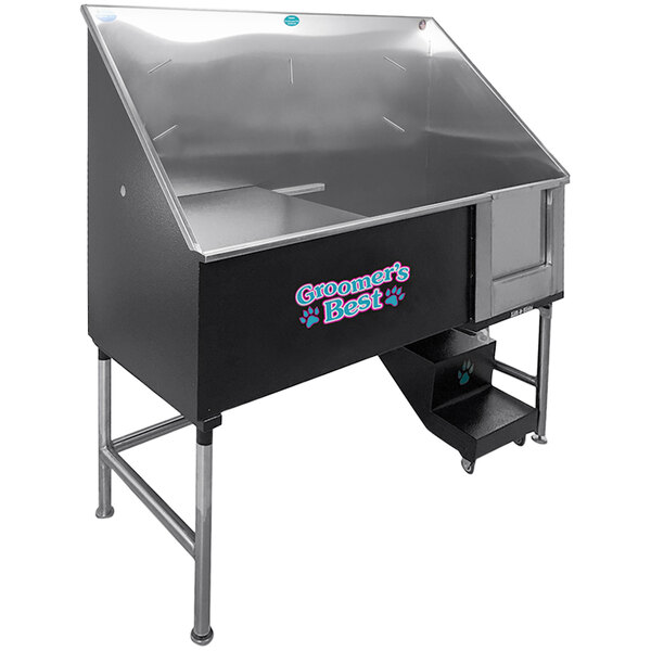 A black Groomer's Best pet grooming tub with a stainless steel sink on the right.
