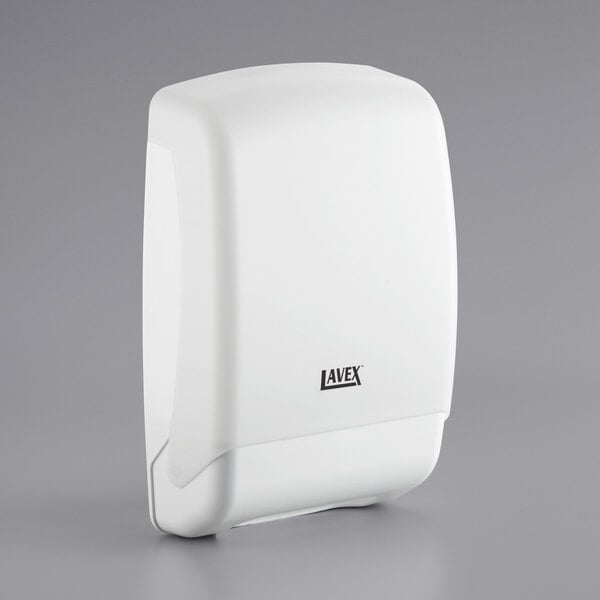 A white plastic box with black text that reads "Lavex Translucent White Multifold Plastic Paper Towel Dispenser"