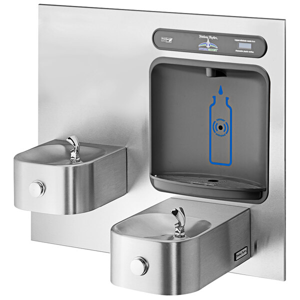 A stainless steel Halsey Taylor water fountain with two drinking fountains.