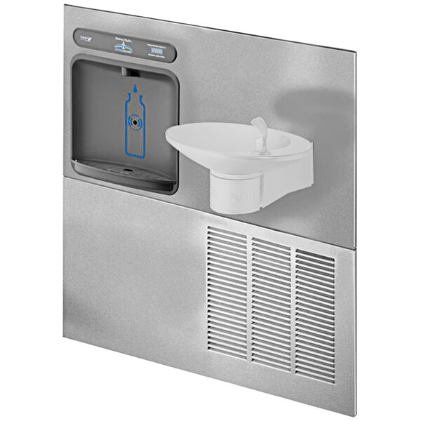 A white Halsey Taylor water fountain with a spout over a water bottle.