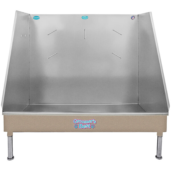 A Groomer's Best desert tan walk-in pet bathing tub with a metal door.