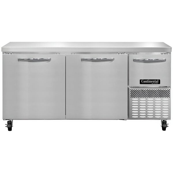 A stainless steel Continental Refrigerator undercounter refrigerator with two doors.