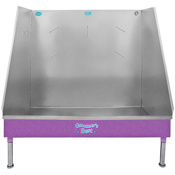 A purple and silver metal walk-in tub with a white background.