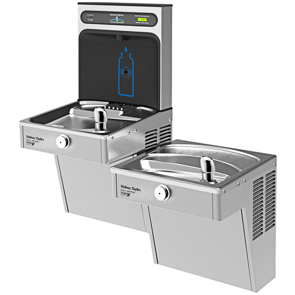 A stainless steel Halsey Taylor HydroBoost water fountain with a blue bottle filling station and bi-level fountain.