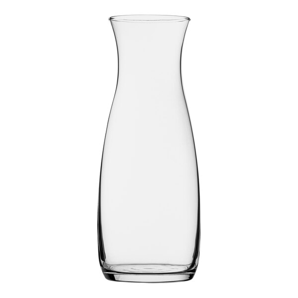 A clear glass carafe with a white background.