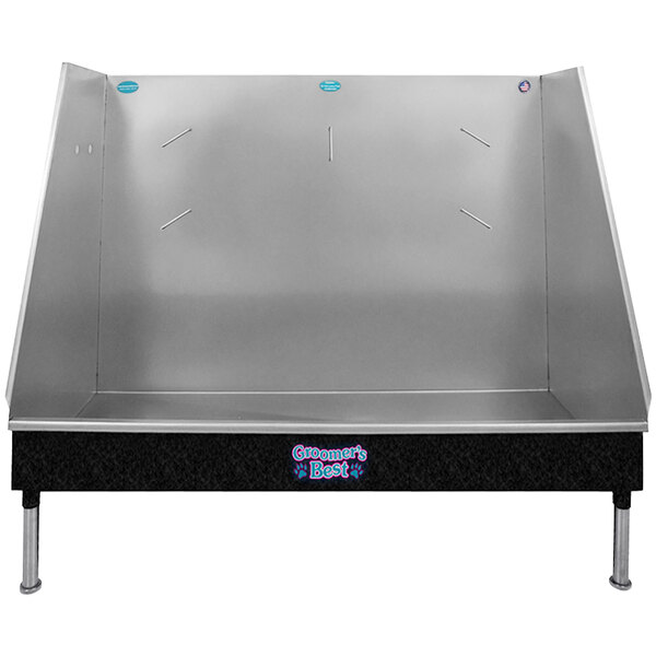 A metal box with a black base and a Groomer's Best Walk-In Tub with a black door.