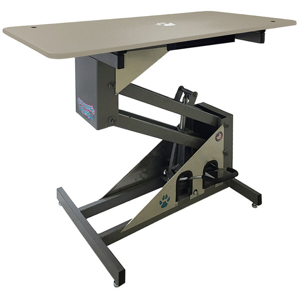 A grey Groomer's Best grooming table with a metal frame.