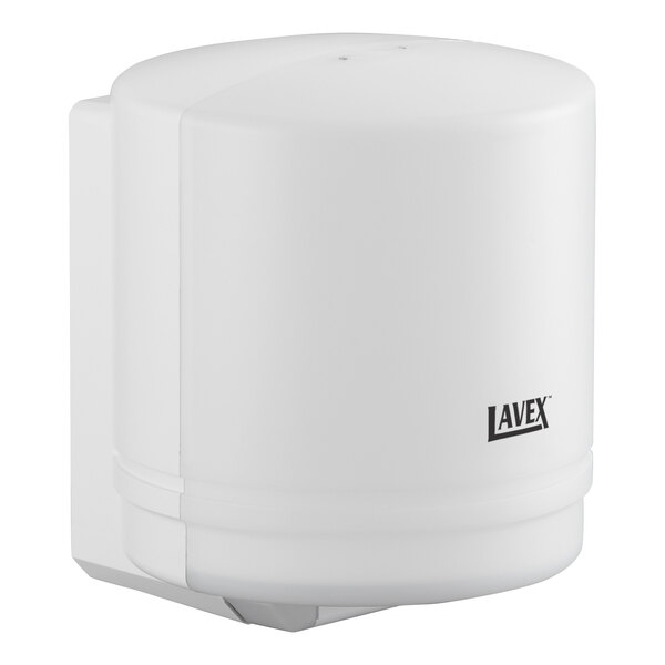 A white Lavex self-adjusting center pull paper towel dispenser.