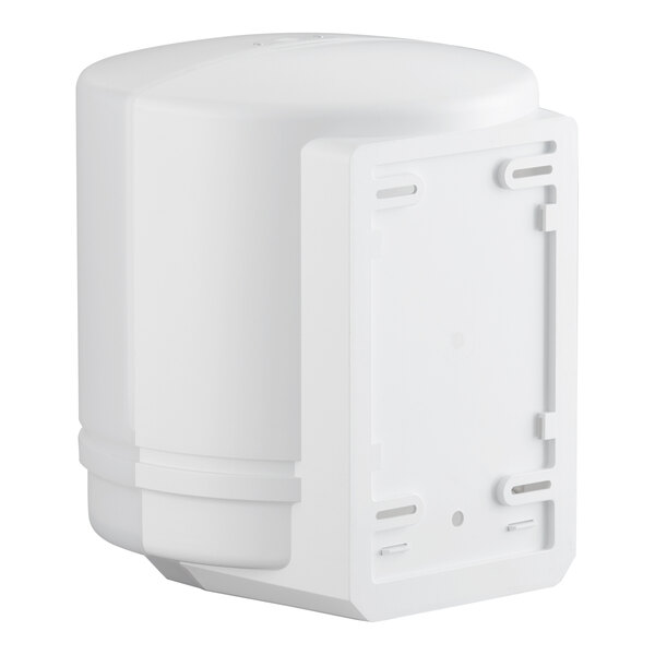 A translucent white self-adjusting center pull paper towel dispenser.