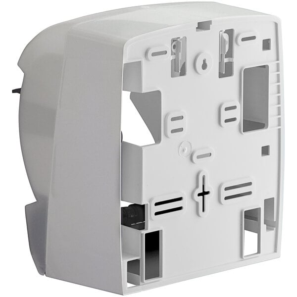 A white plastic Lavex paper towel dispenser with a lever.