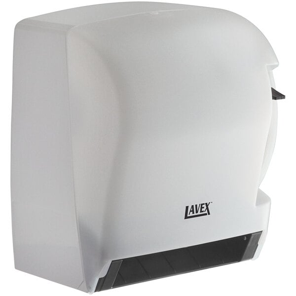 A white rectangular plastic paper towel dispenser with a black lever.
