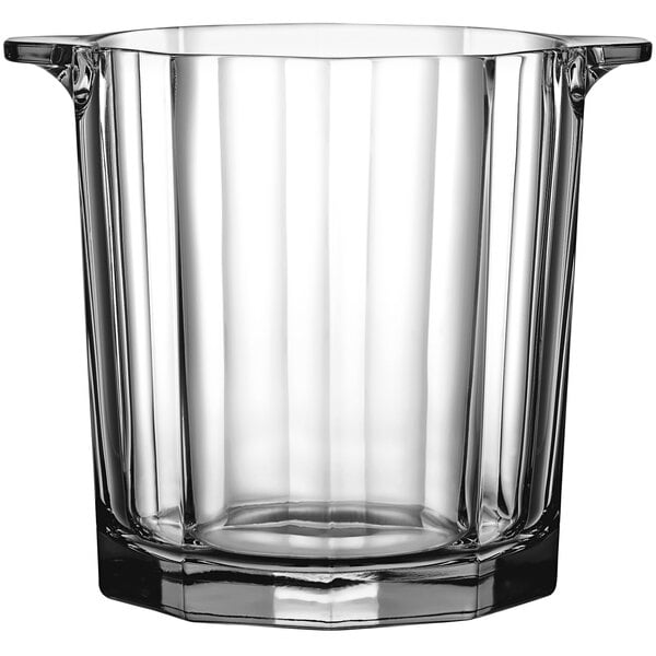 A clear glass ice bucket with handles.