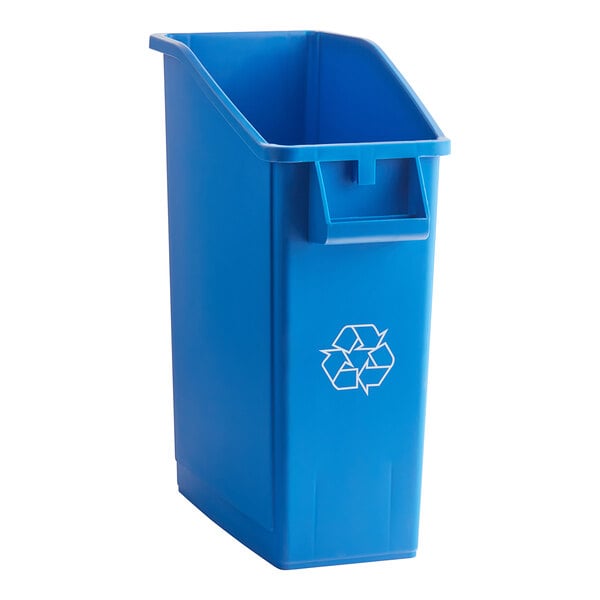 A Lavex blue rectangular recycling bin with a white recycle symbol on it.
