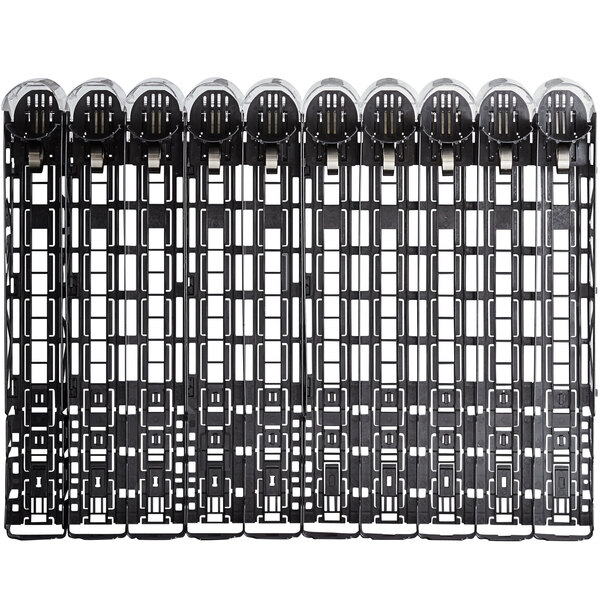 A black metal Beverage-Air universal pusher glide bottle organizer with white squares on the pushers.