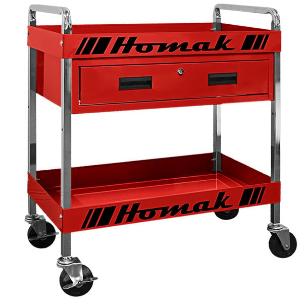 A red Homak Pro Series service cart with a drawer and black text.