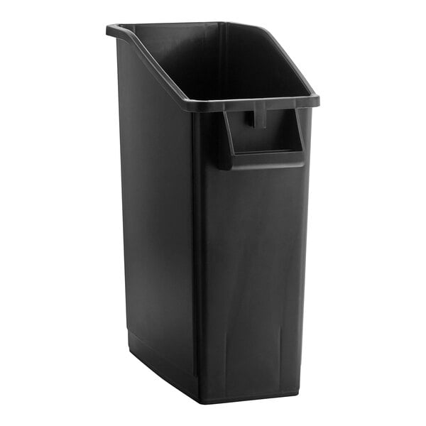 A black rectangular Lavex under-counter trash can with a lid.