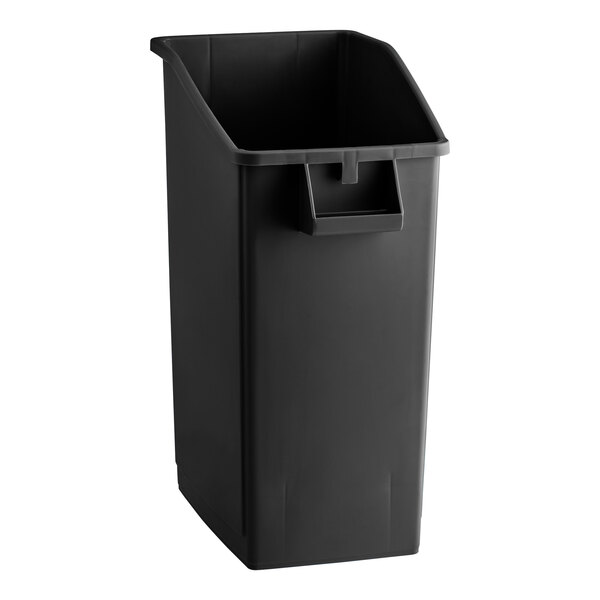 A black plastic Lavex rectangular under-counter trash can with a lid.