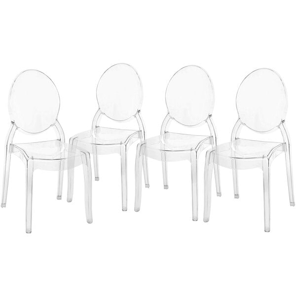 A group of four clear plastic Flash Furniture Revna stackable chairs.