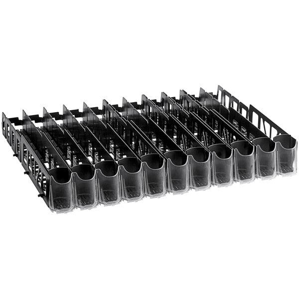 An Avantco black plastic tray with 11 lanes for 8-12 oz. slim cans.
