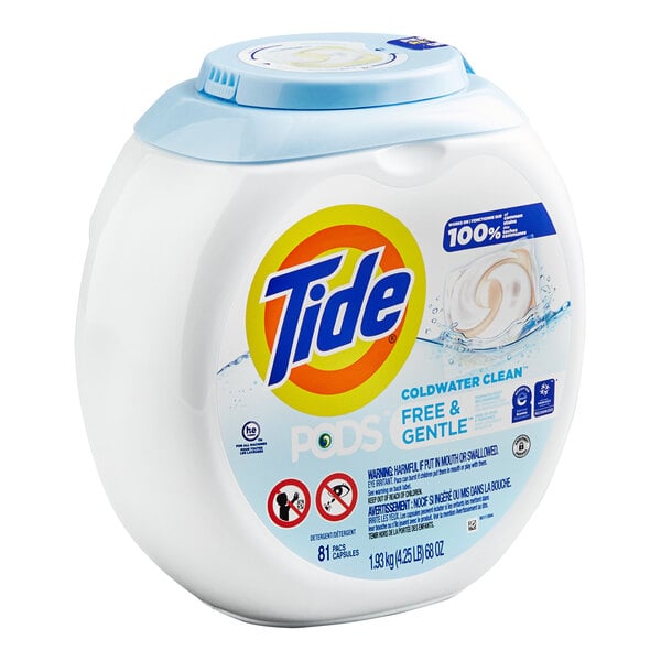 A blue container of Tide Free and Gentle PODS laundry detergent.