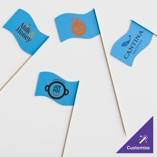 A group of customizable medium wavy flag picks with white flags.