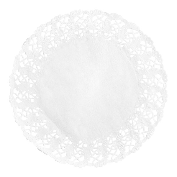 A round white paper doily with an intricate lace-like border design.